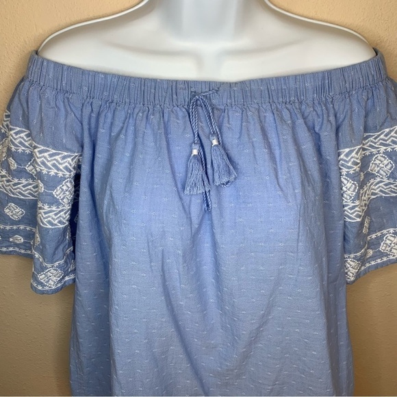 XS Old Navy Blue Embroidered Peasant Tunic Short Dress Boho Off Shoulder - Picture 3 of 7